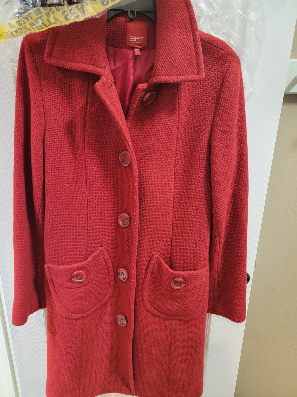 Esprit Red Textured Button-Front Twill Blend Pea Coat